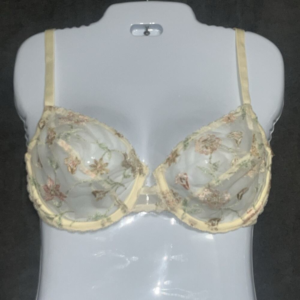 Vintage Victoria's Secret 34D Unlined Underwire Bra Sheer Lace Pastel 80s USA